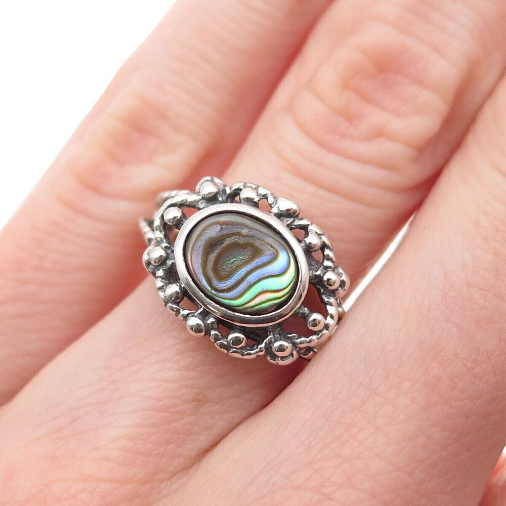 Nevada Sterling Silver Vintage Real Abalone Shell Modernist Floral Ring Size 6